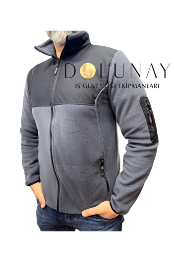 Dolunay İş Elbiseleri Men's Fleece Sweatshirt - Black, Softshell Garnished and Full Zipper