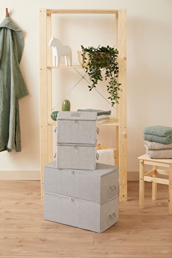 renklibebek 4-Piece Gray Striped Under Base Sweater Organizer - Medium and Small Size Storage