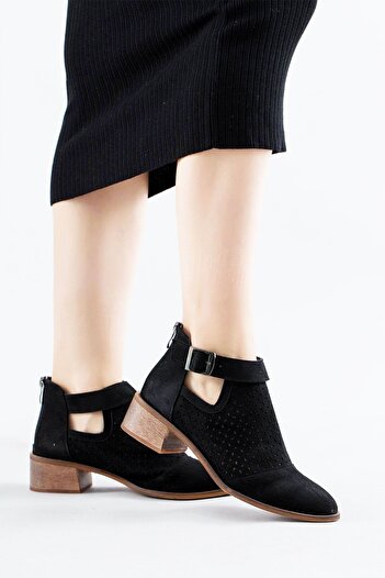 Afilli Black Suede - Short Thick Heeled Western Summer Cowboy Boots with Transpara Hole