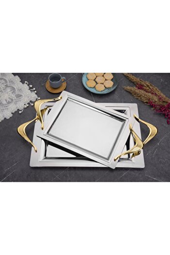 ÖZBURAK Vera Gold 2-Piece Serving and Tea Tray Set
