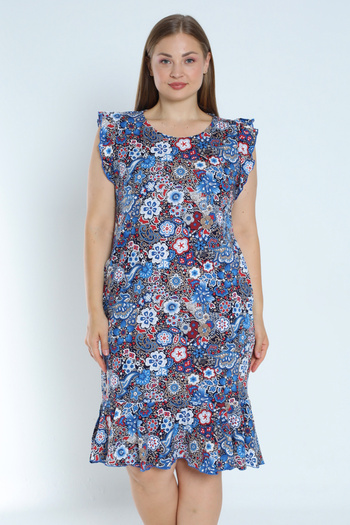 İntensive Plus Size Women's 100% Cotton Print Dress with Ruffle Skirt and Pockets