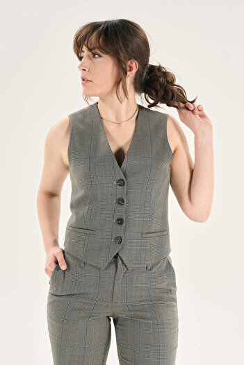 Walker London Khaki Plaid Printed Women's Vest