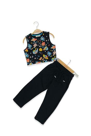 Çikoby Girl's Sleeveless Printed Cotton T-shirt and Elastic Waist Leg Tracksuit Set