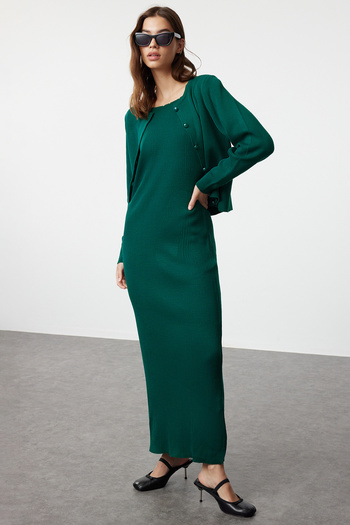 Trendyol Modest Corded Emerald Green Knitwear Cardigan and Dress Set - TCTAW25US00009
