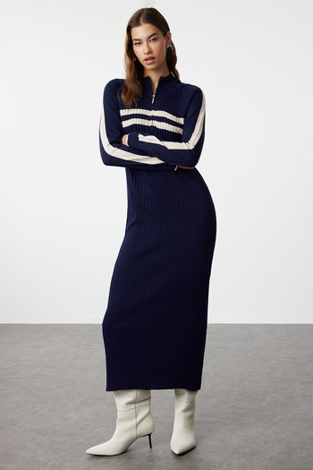 Trendyol Modest Navy Blue Color-Blocking Ribbed Knitwear Dress Tctaw25Eb00020