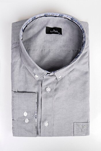 Tudors Plus Size Men's Shirt - Long Sleeve, Cotton Oxford, Single Pocket, Gray Button Collar