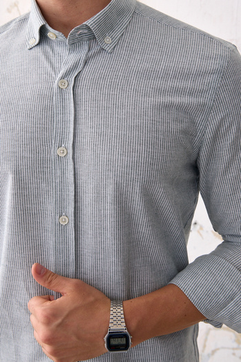 RAVANELLI Giza Men's Striped Slim Fit Shirt - Khaki-White, Linen Look Cotton, Buttoned Collar