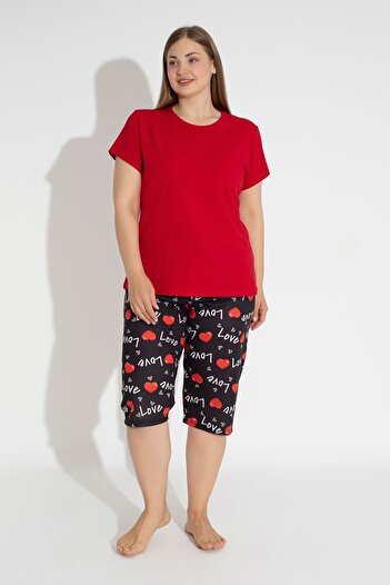 MyBen Plus Size Red Love Printed Comfortable Capri Pajamas Set - Short Sleeve 30003