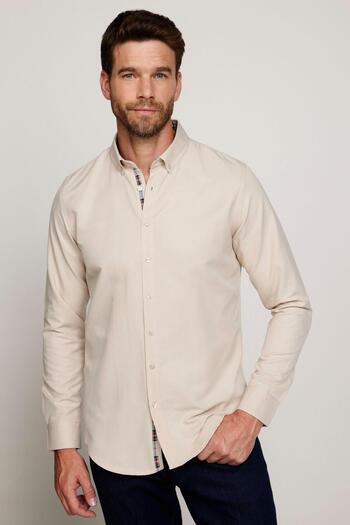 Tudors Men's Oxford Texture Slim Fit Shirt - Easy Iron, Long Sleeve, Beige, Buttoned Collar