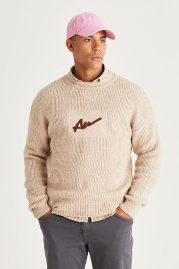 AC&Co / Altınyıldız Classics Men's Ecru Oversize Wide Cut Crew Neck Rose Red Soft Textured Knitwear Sweater Knitwear Sweater