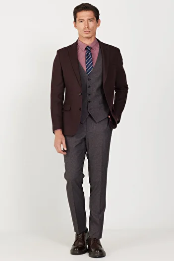 ALTINYILDIZ CLASSICS Men's Burgundy-Gray Wool Slim Fit Slim Fit Mono Collar Print Vest Suit
