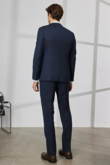 ALTINYILDIZ CLASSICS Men's Dark Navy Blue Slim Fit Slim Fit Mono Collar Patterned Vest Suit