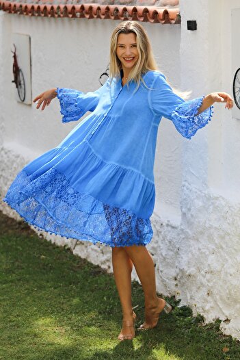 Chiccy Rochie casual albastru deschis din dantela cu guler marit - cu maneci 3/4 si fusta