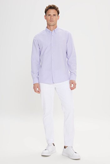 AC&Co / Altınyıldız Classics Ανδρικό λιλά ελαστικό πουκάμισο Oxford - Seersucker μοτίβο, λεπτή εφαρμογή, εύκολο σίδερο, γιακάς με κουμπιά
