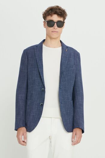 AC&Co / Altınyıldız Classics Men's Navy Blue Slim Fit Blazer - Patterned Bag, Pocket Mono Collar Jacket