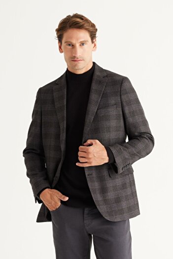 ALTINYILDIZ CLASSICS Men's Black-Navy Blue Comfort Fit Relaxed Cut Mono Collar Patterned Blazer Jacket