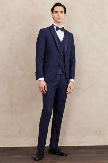 ALTINYILDIZ CLASSICS Men's Navy Blue Slim Fit Narrow Cut Mono Collar Patterned Vest Tuxedo Suit