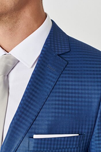 ALTINYILDIZ CLASSICS Erkek Mavi Eksta Yünlü Slim Fit Dar Kesim Mono Yaka Kareli Mavi Takım Elbise