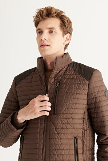 ALTINYILDIZ CLASSICS Men's Brown Standard Fit Normal Cut Stand Collar Patterned Coat