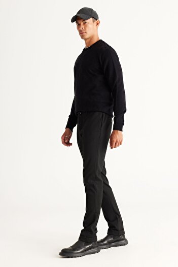 ALTINYILDIZ CLASSICS Men's Black Slim Fit Narrow Cut Trousers with Side Pockets and Elastic Waistband