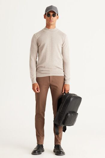 AC&Co / Altınyıldız Classics Men's Beige Melange Standard Fit Half Turtleneck Cotton Patterned Knitwear Sweater