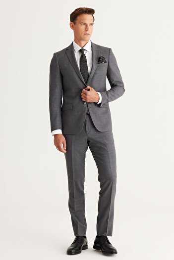 ALTINYILDIZ CLASSICS Erkek Gri Slim Fit Dar Kesim Mono Yaka Cordura Kumaş Yünlü Takım Elbise