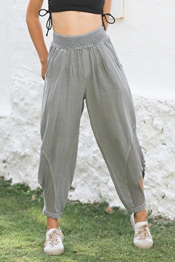 Chiccy Gray Woven Elastic Jogger Leg - Casual Trousers with Pockets and Mesh Detail