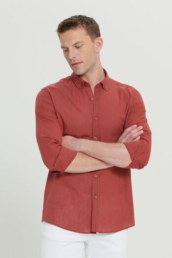 AC&Co / Altınyıldız Classics Men's Claret Red 100% Cotton Oxford Slim Fit Buttoned Collar Flared Shirt