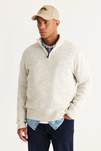 ALTINYILDIZ CLASSICS Men's Ecru-black Patterned Bato Collar Cotton Knitwear Sweater - Standard Fit