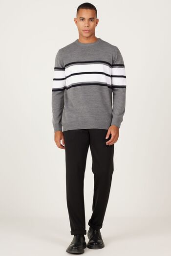 ALTINYILDIZ CLASSICS Men's Grey-Ecru Standard Fit Regular Cut Crew Neck Striped Knitwear Sweater