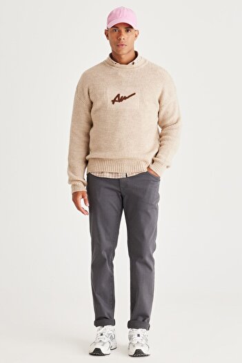 AC&Co / Altınyıldız Classics Men's Ecru Oversize Wide Cut Crew Neck Rose Red Soft Textured Knitwear Sweater Knitwear Sweater