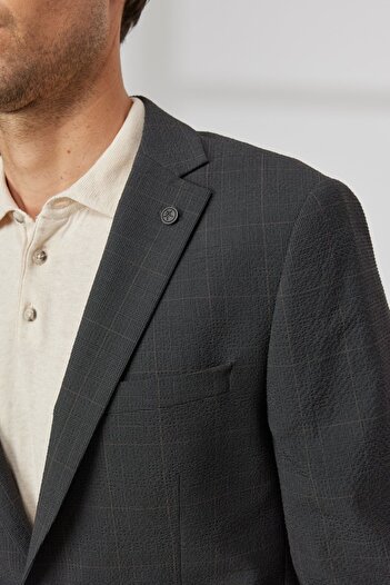 ALTINYILDIZ CLASSICS Erkek Antrasit-Kahverengi Slim Fit Dar Kesim Mono Yaka Gofre Desenli Takım Elbise