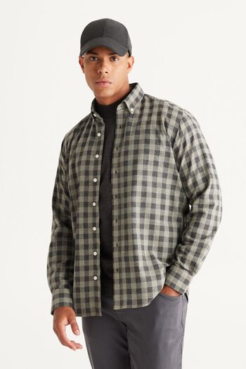 ALTINYILDIZ CLASSICS Men's Anthracite-Green Comfort Fit Relaxed Cut Buttoned Collar Checked Shirt