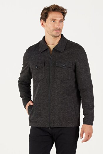 ALTINYILDIZ CLASSICS Men's Black Comfort Fit Relaxed Fit Shirt Collar Patterned Winter Shirt Jacket