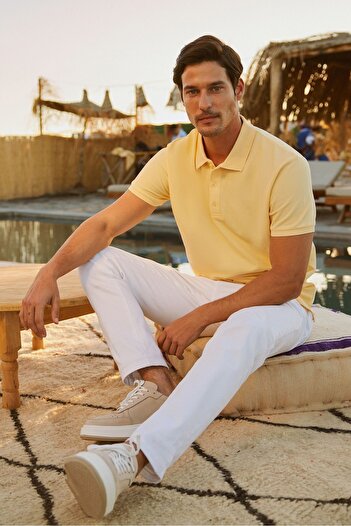 ALTINYILDIZ CLASSICS Žluté pánské bavlněné tričko Polo Neck Slim Fit