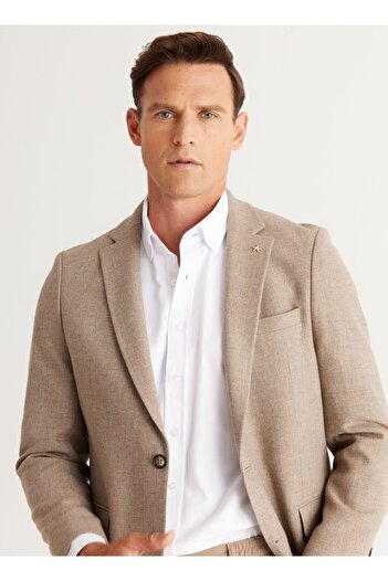 ALTINYILDIZ CLASSICS Beigefarbener Herren-Blazer mit normaler Passform und weitem Schnitt, Monokragen und diagonal gemustertem Wollblazer