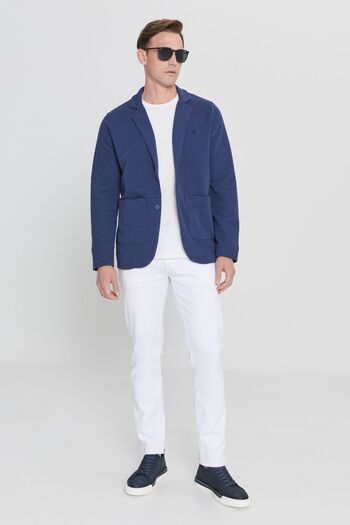 AC&Co / Altınyıldız Classics Men's Navy Blue Standard Fit Regular Cut Shirt Collar Cotton Knitted Blazer Jacket