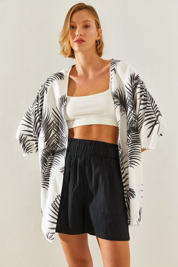 Bianco Lucci Viscose Patterned Kimono - Women's, Lace Detailed Sleeves