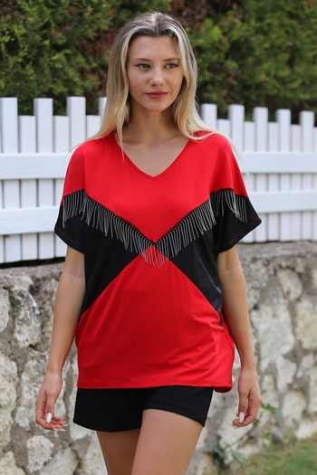 Chiccy Red V-Neck Chain Low Sleeve Knitted Blouse