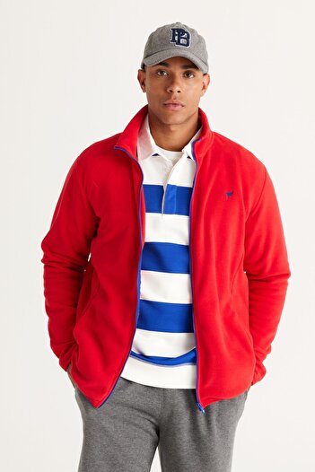AC&Co / Altınyıldız Classics Men's Red Standard Fit Regular Cut Cold-Proof Stand Collar Fleece Sweatshirt Jacket