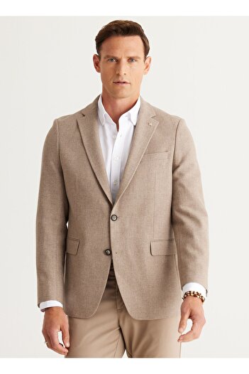 ALTINYILDIZ CLASSICS Beigefarbener Herren-Blazer mit normaler Passform und weitem Schnitt, Monokragen und diagonal gemustertem Wollblazer