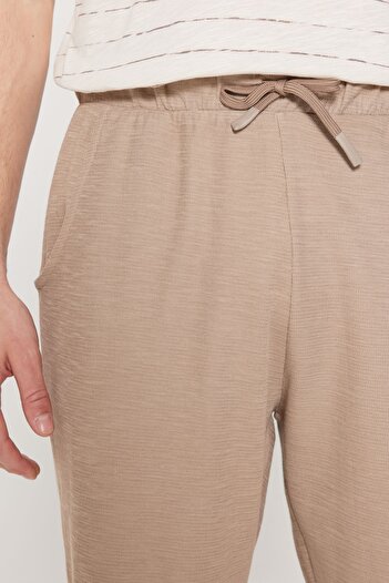 AC&Co / Altınyıldız Classics Erkek Bej-Kahve Standart Fit Normal Kesim Bisiklet Yaka Pamuklu Çizgili Pijama Takımı