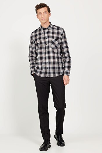AC&Co / Altınyıldız Classics Men's Black-Brown Slim Fit Narrow Cut Button Collar Cotton Shirt