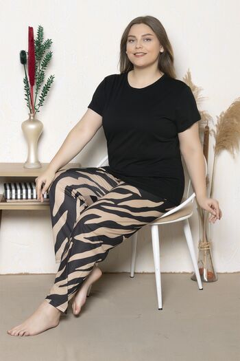 MyBen Plus Size Black Colored Patterned Short Sleeve Oversize Pajamas Set B-9