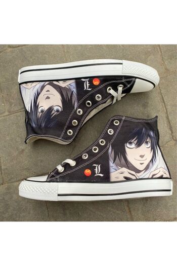 Köstebek Gri - Anime Death Note Face And L Uzun Kanvas Ayakkabı