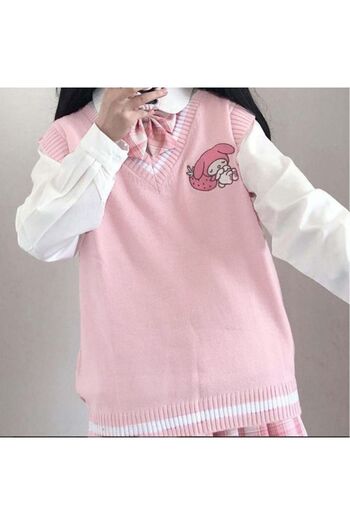 Köstebek Anime My Melody - Sanrio Pink Oversize V-Neck Sweater