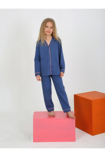 vitmo kız çocuk uzun kollu düğmeli pijama takımı mini puanlı lacivert