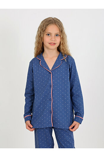 vitmo kız çocuk uzun kollu düğmeli pijama takımı mini puanlı lacivert