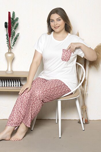 MyBen Plus Size Pink Colored Flower Patterned Short Sleeve Oversize Pajamas Set B-19