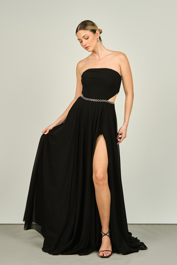 ŞEREF VURAL Strapless and Stone Chain Detailed Side Window Black Long Women's Evening Dress 8227
